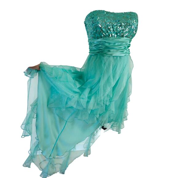 Deb Pastel Green High Low Strapless Dress Chiffon Ruffles Fairycore Mermaid 13 - Picture 2 of 16